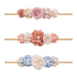 LKXHarleya 3-teiliges Set mit Blumen-Stirnband für Mädchen, Neugeborene, Babys, elastisches Blumen-Haarband für Kleinkinder, weiches Nylon, Haarbänder für Kinder von LKXHarleya