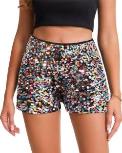 LLECDASEUI Damen-Shorts mit Pailletten, hoher elastischer Taille, geradem Bein, solide Glitzer-Party-Shorts (Bunt,L) von LLECDASEUI