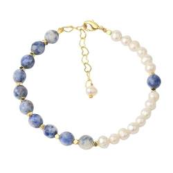 LLYANZZ Kristall Armband, Natural Gemstone Crystal Pearl Bracelets White Dot Blue Faceted Gem Stone Bracelet With Adjustable Gold Color Heart Link Chain For Women von LLYANZZ