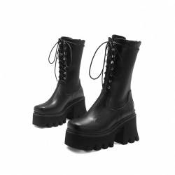 LMUIPMAA Damen Schwarz Leder Winterstiefel Reißverschluss Blockabsatz Punk Stiefeletten Plateau Mitte Wade Goth Schneestiefel,Schwarz,40 EU von LMUIPMAA