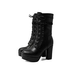 LMUIPMAA Frauen Süße Plateau Lolita Stiefel Schnüren Klobigem Absatz Stiefeletten Cosplay Winter Schuhe,Schwarz,41 EU von LMUIPMAA