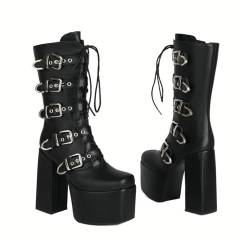 LMUIPMAA Platform Stiefel für Frauen Mid Calf Gothic Boots Motorrad Kampf Schnürsenkel Goth Punk Winter Schuhe,Black pu Leather,46 EU von LMUIPMAA