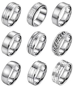 LOAYHOAY 9 x 8 mm Edelstahl-Bandringe für Männer und Frauen, Kettenringe, einfach gebürstet, Ehering-Set, Verlobungsringe 7–13, Metall, Zirkonia von LOAYHOAY