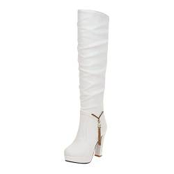 LOIJMK Befüllen Runde Zehen Absatz Oberschenkel Schuhe solide Chunky Women High atmungsaktive Modestiefel Damenstiefel Winter Damen Schuhe (White, 42) von LOIJMK