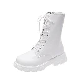 LOIJMK Damen Mit Absatz 43 einfarbiges runde Zehen Bikerstiefel Schnürstiefel mit Plateausohle Compatible with Motorrad Herren 44 (White, 41) von LOIJMK