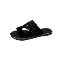 LOIJMK Damen Strand-Clip-Zehen-Hausschuhe, hohle lässige Hausschuhe, flache Schuhe, Vintage-Sandalen Damen Schuhe Kinder 28 (Black, 40) von LOIJMK