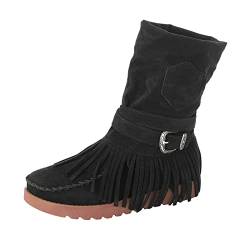 LOIJMK Elegante Schwarze Schuhe lässige Mode Zehen Retro Kurze Frauen Fringe Stiefel Runde Flache Knöchel Damenstiefel Weiße Stiefeletten Damen 42 (Black, 37) von LOIJMK