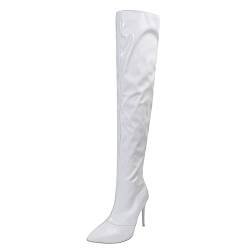 LOIJMK Herren Blau, einfarbig, helles, Seitenreißverschluss, dünne, hochhackige Overknee-Stiefel Schuhe Damen Schwarz Mit Rosen (White, 40) von LOIJMK