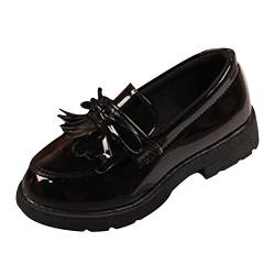 LOIJMK Mädchen Slip On Loafer Quaste Bow Schule Kleid Schuhe für Mädchen 34 Sneaker (Black, 33) von LOIJMK