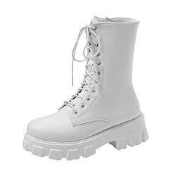 LOIJMK -Stiefel in Übergröße mit dickem Absatz, runder Zehenpartie, kurze Motorradstiefel Plateau Damen Blockabsatz (White, 40) von LOIJMK