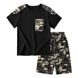 LOLANTA Jungen Kurzarm-T-Shirt + Camouflage Kurze Hose, 2-teiliges Sommer Bekleidungssets für Kinder, Schwarz, 11-12 Jahre, 160 von LOLANTA