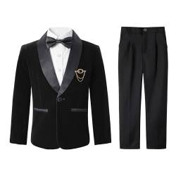 LOLANTA Jungen Samtanzug, Pageboy Formeller Schwarzer Hochzeitsanzug, Kinder Ball- und Party-Anzug Set mit Blazer, Hose, Hemd und Fliege(Schwarz, 5-6 Jahre, 120) von LOLANTA