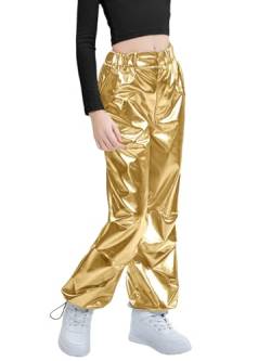 LOLANTA Kinder Glänzende Metallische Tanzhose Retro Hip Hop Tanz Outfit Lose Passform Cargo Hosen Elastische Taille Streetwear, Gold, 11-12 Jahre, 160 von LOLANTA