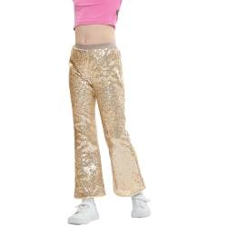 LOLANTA Schlag Pailletten Hose für Mädchen, lässige elastische Schlaghose mit mittlerer Taille, glitzernde Retro-Hose für Kinder zum Tanzen, Sekt, 10-11 Jahre, 150 von LOLANTA