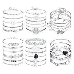 LOLIAS 32 STÜCK Boho Armband Damen Gold Mehrschichtiges Stapelbares Offenes Manschettenwickel Silber Armbänder Verstellbar Mode Büroklammer Kubanische Armband Set Schmuck für Mädchen Geschenk von LOLIAS