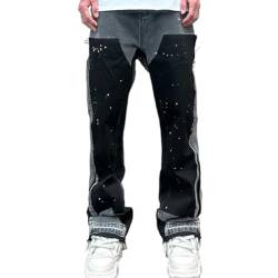 Streetwear Gesprenkelte Tinte Farbe Match Y2k Baggy Jeans Für Männer Patchwork Rage Fransen Micro Denim Hose Übergroße Lose Cargos,Black,30 von LOMATO