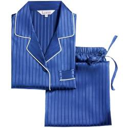 LONXU Damen-Pyjama-Set, Seidensatin, Button-Down, Nachtwäsche, Loungewear, Größe XS-3XL, Blau / Streifen, Größe M von LONXU