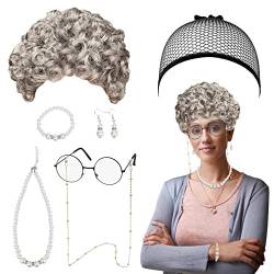 LOOPES 6tlg Oma Perücke Old Oma Kostüm Set Alter Kostümzubehör Graue Perücke Accessoire Perückekappe Oma Brillen Ohrringe Perlenkette Alte Frau Rentner Kostüm für Grandma Fasching Karneval von LOOPES