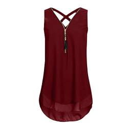 LOPILY Bluse Hemd Pullover Damen Solide Kreuz Zurück Bandage Backless Party Karneval Bluse Shirt Tops mit Spitze Reißverschluss Elegant Kreuzschlinge Tanktop(Weinrot,DE-38/CN-L) von LOPILY