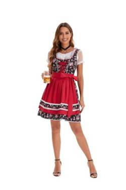 LOPUPWD Dirndl Damen Midi Trachtenkleid Trachtenmode Trachtenrock Kleid inkl. Dirndlbluse Dirndlschürze 3 Teilig für Oktoberfest Kostüm Besondere Anlässe Festival Outfit Rot Spitze von LOPUPWD