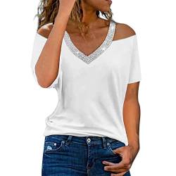 Glitzer Oberteile Damen Gold ,Pailletten Oberteil Damen Silber,Festliche Blusen Damen Kurzarm V Ausschnitt Tunika Sexy Schulterfreies Tops Casual T-Shirt für Frauen Party Karneval Kostüm Clubwear von LOSSLO