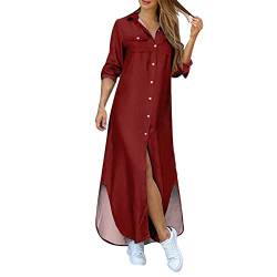 Hemdkleid Damen Lang -Maxikleid Damen Elegant,Lange Kleider Damen Langarm Freizeitkleid Tshirt Maxi Kleid V-Ausschnitte Knopfleiste Casual Shirtkleider mit Schlitz Strandkleid Beachwear Outwear von LOSSLO