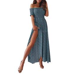 LOSSLO Damen Sommerkleid Lang Maxikleid Boho Kleider Sommer Schulterfreies Freizeitkleid Strandkleid Ruched Kleid mit Schlitz High Waist Partykleid Elegant Sommerkleider Lange Ballkleider von LOSSLO