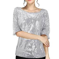 Pailletten Oberteil Damen Silber -Glitzer Oberteile Damen Gold Festliche Blusen Kurzarm Rundhals Sexy Glänzendes Tops Tunika Shirts Casual T-Shirt für Frauen Party Karneval Kostüm Clubwear von LOSSLO