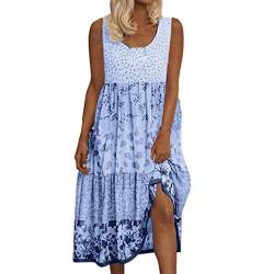 Sommerkleid Damen Knielang,Volantkleider Damen Sommer,Mini Kleider Damen Elegant Boho Volant-Kleid Ärmelloses Strandkleid Kurz Freizeitkleid A Linie Blumenkleid Rundhals Sommerkleider Große Größen von LOSSLO