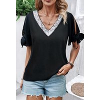 LOVGCCN T-Shirt Mit Pailletten verzierte kurze Trägerärmel im Cutout-Design (Trendiges und vielseitiges, elegantes Temperament, Party Frauen T-Shirt) von LOVGCCN