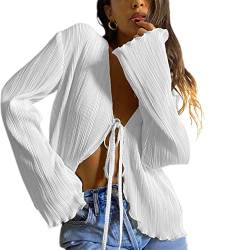 LOVHOT Damen Bluse zum Binden Sexy V-Ausschnitt Plissee Shirts Lange Flare Ärmel Crop Top Y2k Kragen Cardigan Vintage Streetwear, weiß, Large von LOVHOT