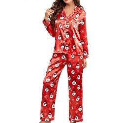 Satin-Pyjama für Damen, Weihnachts-Pyjama, langärmelig, Knopfleiste, Hemd und Hose, Set, Weihnachts-Nachtwäsche-Sets, rot, 36 von LOVHOT