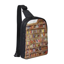 Lustige Bücherregal-Kollektion und Leiter bedruckte Brusttasche für Männer und Frauen, wasserdichter Crossbody-Rucksack für Herren, Tasche für Läufer, Workout, Wandern, Radfahren, Reisen, Schwarz , von LRHCNZDCP