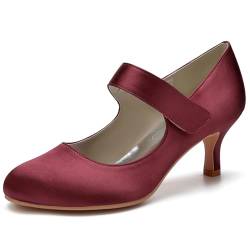 Damen Knöchelriemen Mary Jane Pumps High Heel Satin Brautschuhe Runde Zehen Hochzeit Kleid Schuhe,Burgundy,36 EU von LRMYMHY