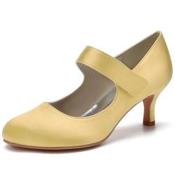 Damen Knöchelriemen Mary Jane Pumps High Heel Satin Brautschuhe Runde Zehen Hochzeit Kleid Schuhe,Gold,37 EU von LRMYMHY