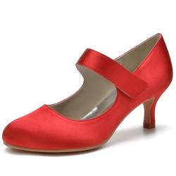 Damen Knöchelriemen Mary Jane Pumps High Heel Satin Brautschuhe Runde Zehen Hochzeit Kleid Schuhe,Rot,42 EU von LRMYMHY