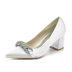 Damen Spitze Zehen Hochzeitsschuhe für Braut Satin Chunky Block Heel Brautschuhe Slip on Bequeme Tanzschuhe Pumps,Weiß,40 EU von LRMYMHY