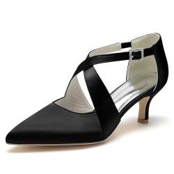 Frauen Niedrige Kitten Heels Kreuz Riemen Braut Pumps Geschlossene Zehe Spitze Hochzeitsschuhe für Braut Court Schuhe,Schwarz,39 EU von LRMYMHY