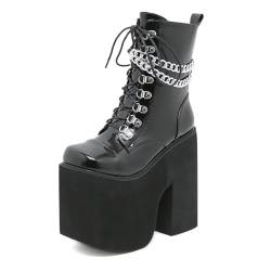 Frauen Plateau Stiefeletten Rave Lace Up Goth Stiefel Ketten Runde Zehe Seitliche Reißverschluss High Heel Punk Motorrad Kampfstiefeletten,Schwarz,41 EU von LRMYMHY