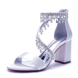 LRMYMHY Damen Chunky Block Heel Brautkleid Schuhe Kristall Knöchelriemen Pumpe Sandalen Offene Zehe Hochzeit Abschlussball Abendschuhe,Weiß,35 EU von LRMYMHY