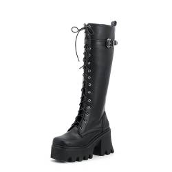 LRMYMHY Damen Gothic Kniehohe Stiefel Mit Blockabsatz Plateau Schnürstiefel Reißverschluss Punk Biker Boots Winter Lange Stiefel,Schwarz,37 EU von LRMYMHY