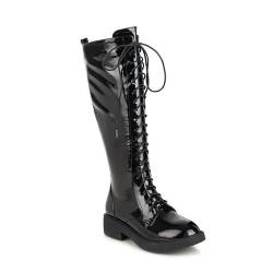 LRMYMHY Damen Kniehohe Schnürstiefel Flach Langschaft Lederstiefel Militär Winterstiefel Mit Seitlichem Reißverschluss,Black 2,43 EU von LRMYMHY