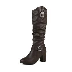 LRMYMHY Damen Langschaft-Stiefel Leder Blockabsatz Kniehohe Stiefel Reißverschluss Winterstiefel,Kaffee,43 EU von LRMYMHY