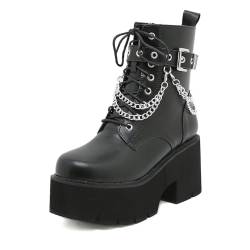 LRMYMHY Damen Plateau Gothic Schnürstiefeletten Blockabsatz Punk Reitstiefel Kurze Stiefel Mit Reißverschluss,Schwarz,36 EU von LRMYMHY