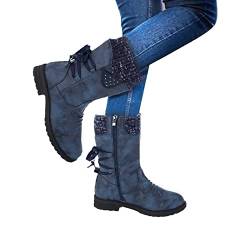 LRWEY Damenmoden lässige Vintage-Retro-Mittelwadenstiefel Spitze up Big Heels Schuhe Damen Hohe Mit Absatz (Blue, 40) von LRWEY