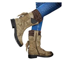 LRWEY Damenmoden lässige Vintage-Retro-Mittelwadenstiefel Spitze up Big Heels Schuhe Damen Hohe Mit Absatz (Khaki, 35) von LRWEY