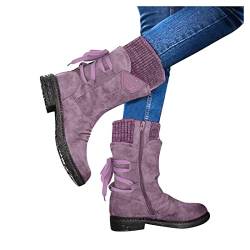 LRWEY Damenmoden lässige Vintage-Retro-Mittelwadenstiefel Spitze up Big Heels Schuhe Damen Hohe Mit Absatz (Purple, 35) von LRWEY
