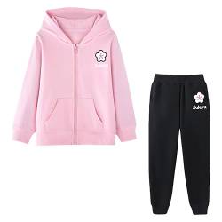 LSHDCER Kinder Mädchen Jogginganzug Trainingsanzug Sweatjacke & Sweathose Outfit-Set Bekleidungsset 2tlg Sportanzug, Blumen (Rosa+Schwarz), 116 (Etikettengröße: 120) von LSHDCER