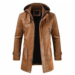 LSSM Herren Mittellange Lederjacke Pu-Leder Trenchcoat Herrenjacke Strickjacke Kapuzen Jacke Hoodie Sweatjacke Freizeitjacke Kapuzenpullover Winddichte Wasserdichte Orange 3xl von LSSM