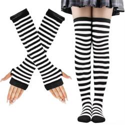 LUKIUP KniestrüMpfe Regenbogen Anzug, Gestreifte Warme Fingerlose Handschuhe Kniehohe Socken Set, Mädchen Damen Extra Lange Socken für Halloween Cosplay Gestreifte Lange Socken(Schwarz/Weiß) von LUKIUP